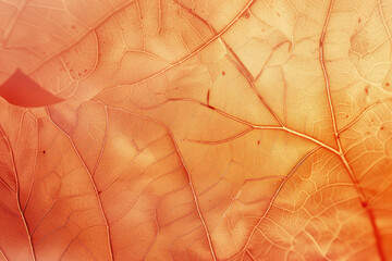 Obraz premium A closeup of the texture and pattern on an autumn leaf, with soft lighting highlighting its intricate veins in shades of orange and red. Created with Ai