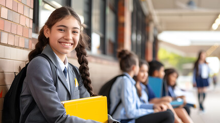 Smiling schoolgirl holding books in the school