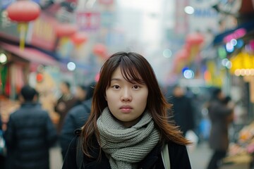 Portrait of a thoughtful young woman with a blurred city street background