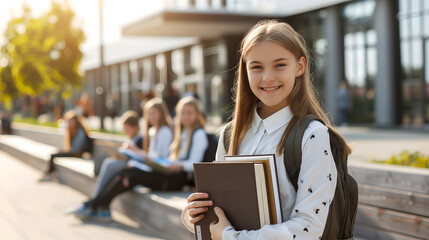 Smiling schoolgirl holding books in the school