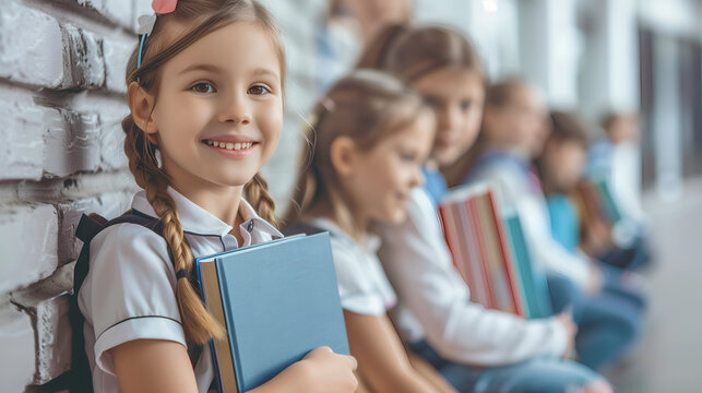 Smiling schoolgirl holding books in the school