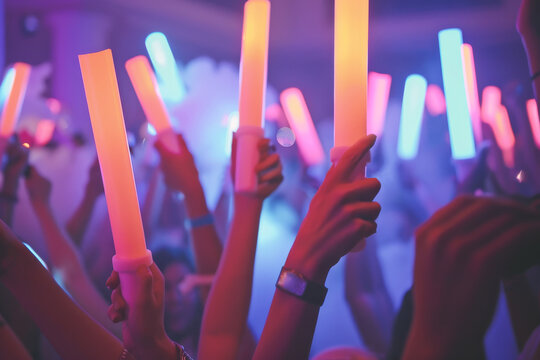 People Holding Led Foam Sticks In Their Hands At A Night Club At A Summer Party. Party Fun Summer Beach Happiness Concept. Ai Generated
