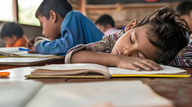 Indian tired school boy lying and sleeping at his desk in the classroom