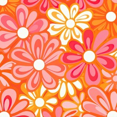 Vibrant 70s Floral Pattern with Orange and Pink Blooms
