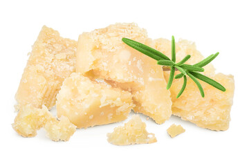 Pieces of parmesan cheese with rosemary isolated on white background