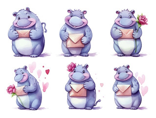 Watercolor valentines day love hippo couple, hand drawn watercolor illustration for greeting card or invitation design