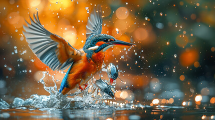 The bright, beautiful kingfisher swiftly catches fish quickly out of the water, leaving a splash of water against the backdrop of nature.