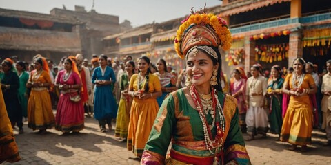 Fototapeta premium A dancer showcasing a colorful traditional Indian costume during a cultural festival