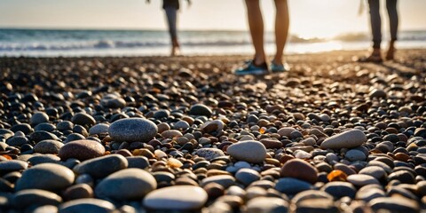 Obraz premium Warm pebble beach foreground with unidentifiable people enjoying the beach in the background