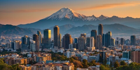 Obraz premium A breathtaking view featuring a city skyline with modern buildings in the foreground and a majestic, snow-capped mountain in the background