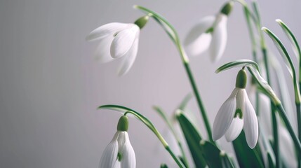 Fototapeta premium Snowdrops in front of a pale gray backdrop close up Spring blossoms creating a floral motif