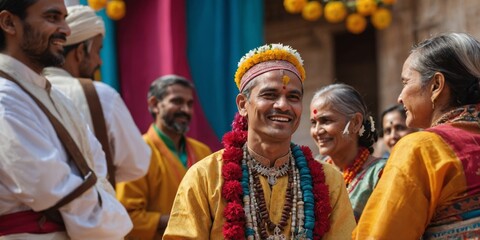 A joyful Indian man in traditional wedding attire smiling amongst friends and family at a celebration