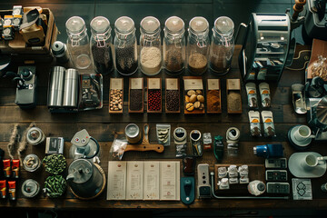 A table full of different types of coffee beans and other food items