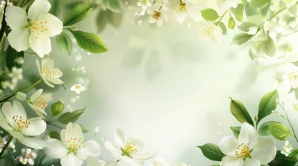 Fototapeta premium Abstract floral border with green leaves and white flowers on a spring blossom background. Generative AI