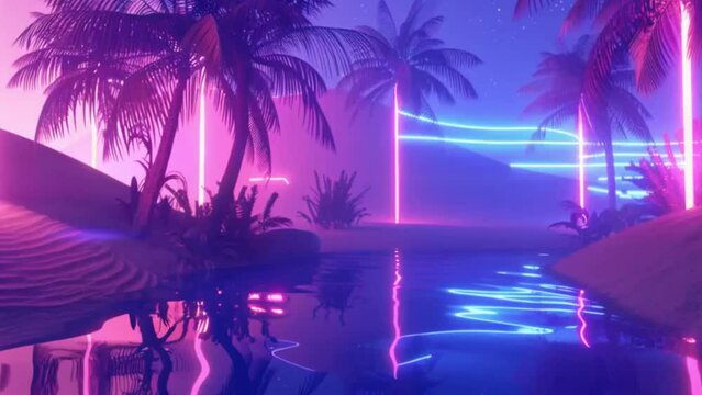 An animation illustrating a high-quality neon desert oasis. It features palm trees, water, and sand dunes illuminated by neon lights, creating a striking and unique visual scene