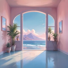 A pastel-colored room with an open doorway revealing a serene ocean view with a distant mountain range . The room has arched windows and a potted plant , creating a calming and dreamlike atmosphere.
