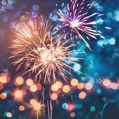 Obraz premium Explosive Red and Blue Fireworks Display Night Sky