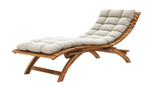 Isolated wooden beach lounger with a textile cushion