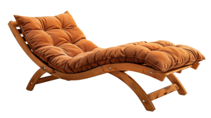A brown wooden beach lounger with a comfortable textile cushion