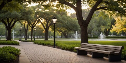 Obraz premium An empty park bench beside a walkway lined with trees and illuminated by a streetlamp and fountain