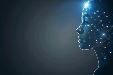 Obraz premium Futuristic human head with digital network and holographic interface representing artificial intelligence and connectivity digital art high detail dark background cyber theme