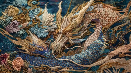 Obraz premium Intricate silk embroidery of two dragons in vibrant colors facing each other on a deep blue background