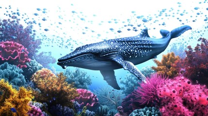 A whale swims through coral reef in the ocean, with coral and fish visible in the background
