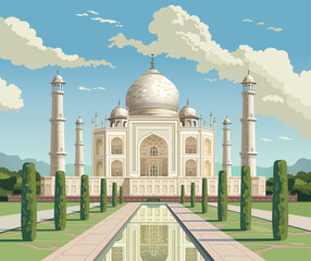 Taj Mahal is a palace in India. Mosque. Landmark, architecture, hindu temple in the Indian city of Agra, Uttar Pradesh. Vector illustration