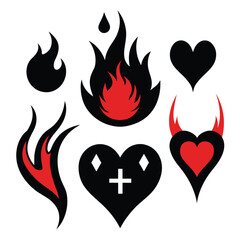 Vector design set, flames and fire, acid neo tribal shapes, elements and abstract illustrations in gothic style, heart and love symbols, gothic and acid tattoos on white background
