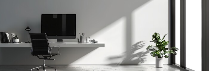 desk with a computer monitor and a plant in a vase on it, in a room with a white wall.