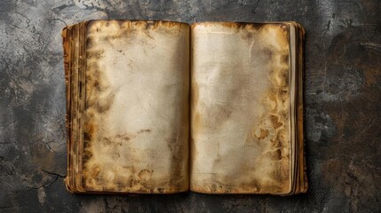 Open vintage notebook with blank pages, antique and rustic, ideal for a classic and elegant look, top view, evokes a sense of history and tradition