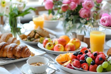 table with a bunch of plates of food and a bowl of fruit on it with a glass of orange juice