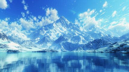 Naklejka premium Serene mountain lake with snow-covered peaks under a bright blue sky with fluffy clouds reflected in tranquil water.