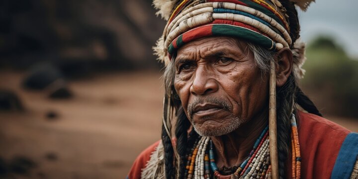 An elder tribesman with an intense gaze, wearing colorful traditional tribal attire and headdress