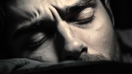 A close-up shot of a man's face with his eyes closed