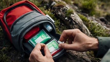  first aid kit out of a backpack pocket 