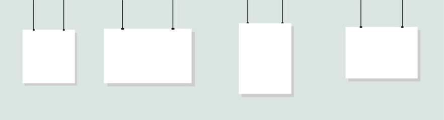 Blank hanging white vector poster frame set isolated on transparent background.