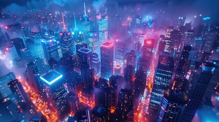 A futuristic cityscape illuminated by vibrant neon lights. The image captures a dense network of skyscrapers reaching towards the cloudy sky.
