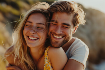 Fototapeta premium A couple of friends have a great time in summer, hugging and smiling. Perfect anatomy. High quality and details