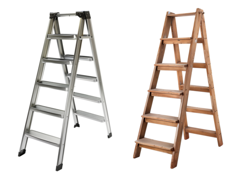 Wooden and metal ladder isolated on transparent background