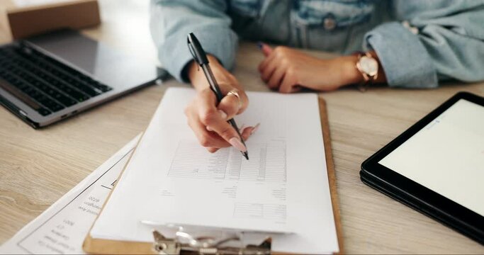 Woman, hands and writing with clipboard for inventory, checklist or checking stock in logistics on desk. Closeup of female person or business owner filling form for shipment, distribution or boxes