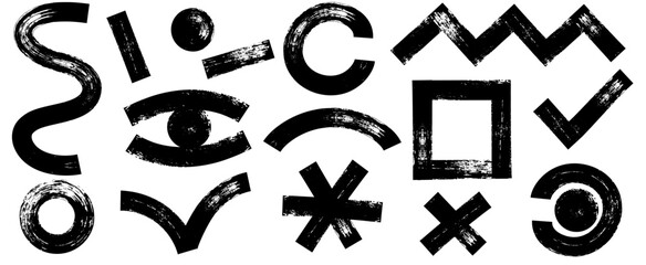 Collection of black charcoal graffiti various geometric shapes. Bold marker brush drawn curved doodle elements for templates and collages. Punk and grunge style © Logvin art