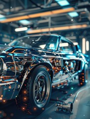 Obraz premium A luxury car displayed in a modern showroom, suitable for use in advertising or product promotion