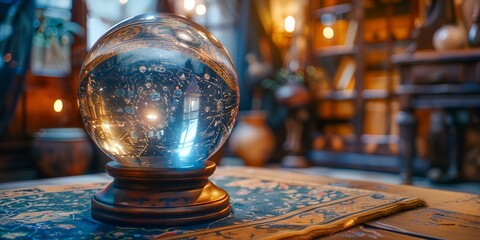 glass ball sitting on top of a table next to a rug and a book case with books on it
