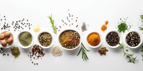 row of bowls filled with different types of spices and herbs on a white surface
