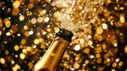 A golden champagne bottle popping open, bubbles and confetti around, celebratory and lively, closeup shot capturing the moment
