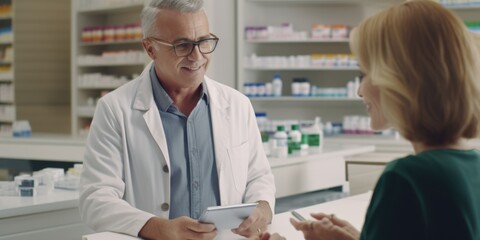 Obraz premium A scientist in a white lab coat is discussing something with a fashion designer wearing a green dress