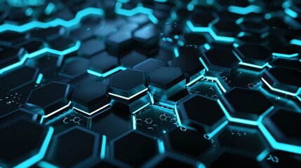 Obraz premium Futuristic hexagonal pattern with blue neon lights representing advanced technology, innovation, and digital connectivity in a dark environment.