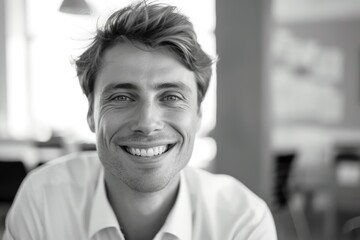 A portrait of a happy man smiling, suitable for use in personal or professional contexts where a positive expression is desired