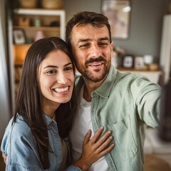 Adult young couple take a self portrait of their or have video call
